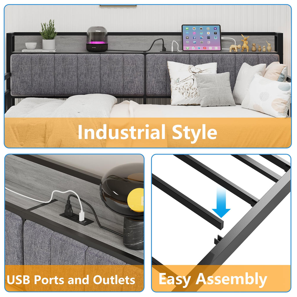 Metal Daybed Frame Twin Size with Charging Station, Metal Twin Bed Frame with Upholstered Headboard with Strong Steel