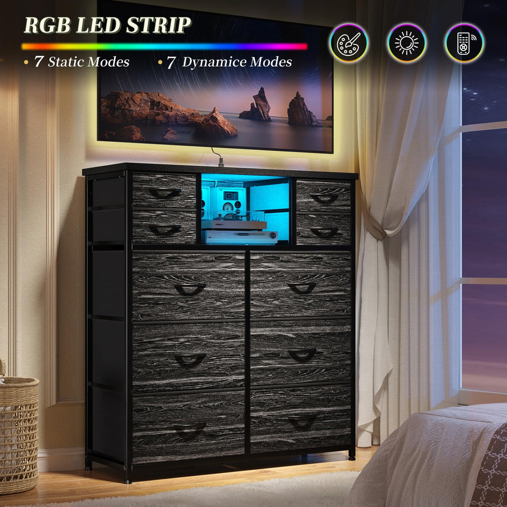 Black Dresser with Charging Station & LED, 10 Drawers