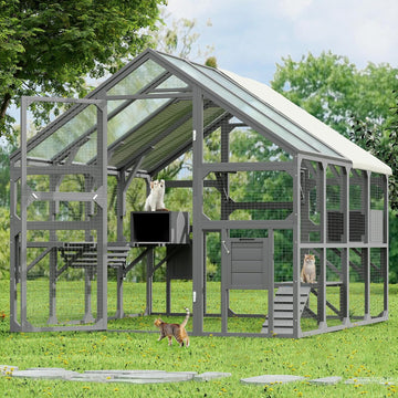 Outdoor Large Catio Cat Enclosure, Wooden Cat House with 7 Platforms, 2 Resting Boxes, 1 Bridge and 1 Ramp, Walk