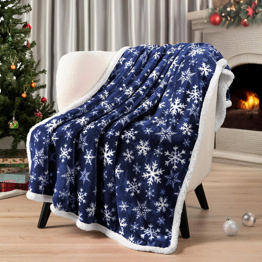 Blue Snowflake Christmas Sherpa Throw Blanket, Reversible Fleece Sherpa Cozy Holiday Blanket 50x60, Soft Winter Throw