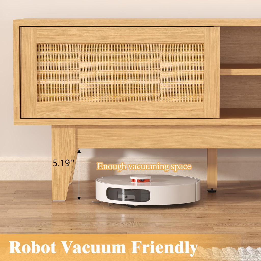 Oak Boho TV Stand for 55-70 inch, Entertainment Center with Rattan Design