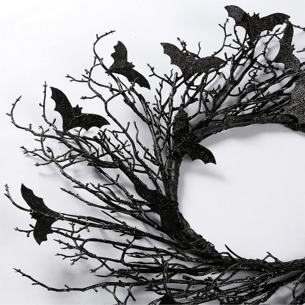17.7"Artificial Black Twig Wreath with Glitter Bats - Handmade Sparkling Hanging Decorations for Front Door