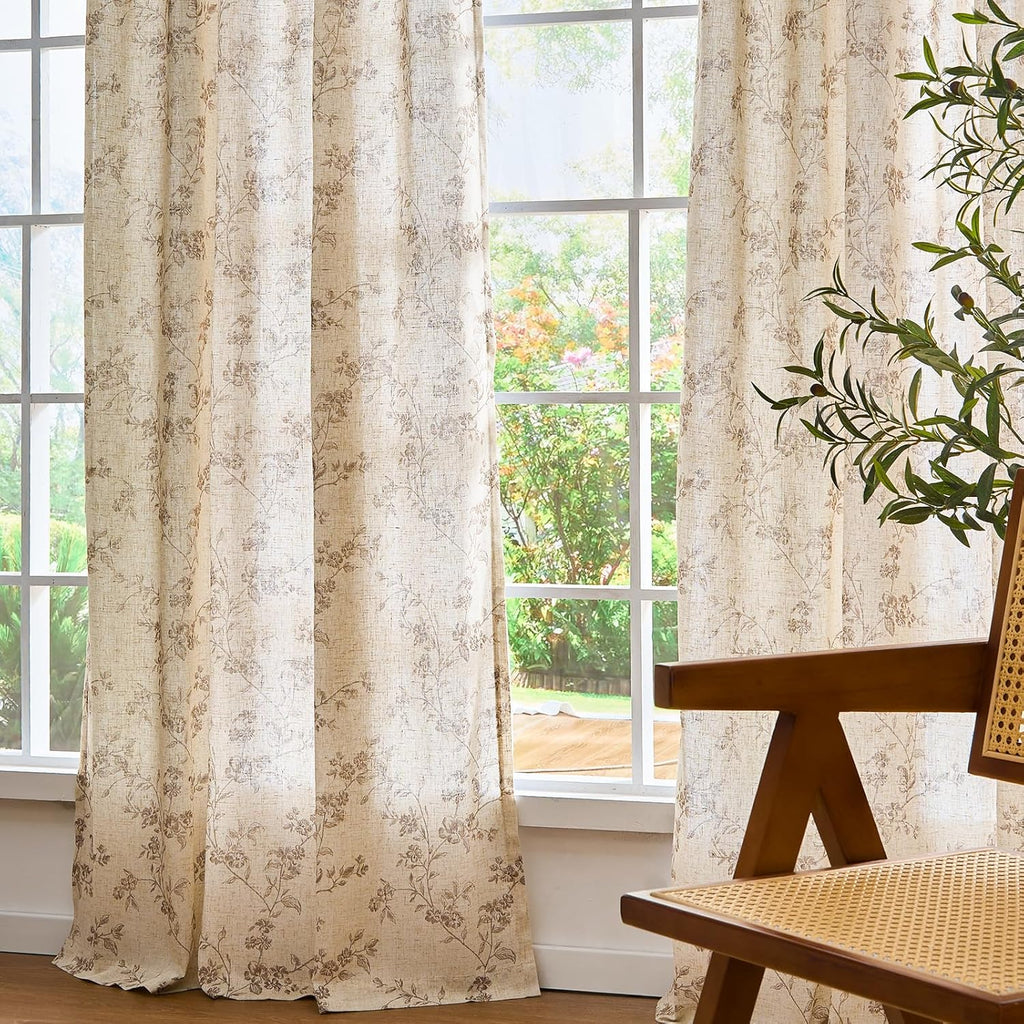 Taupe Floral Linen Curtains 84 Inch Farmhouse Curtain Back Tab Drapes for Living Room Bedroom Light Filtering Vintage