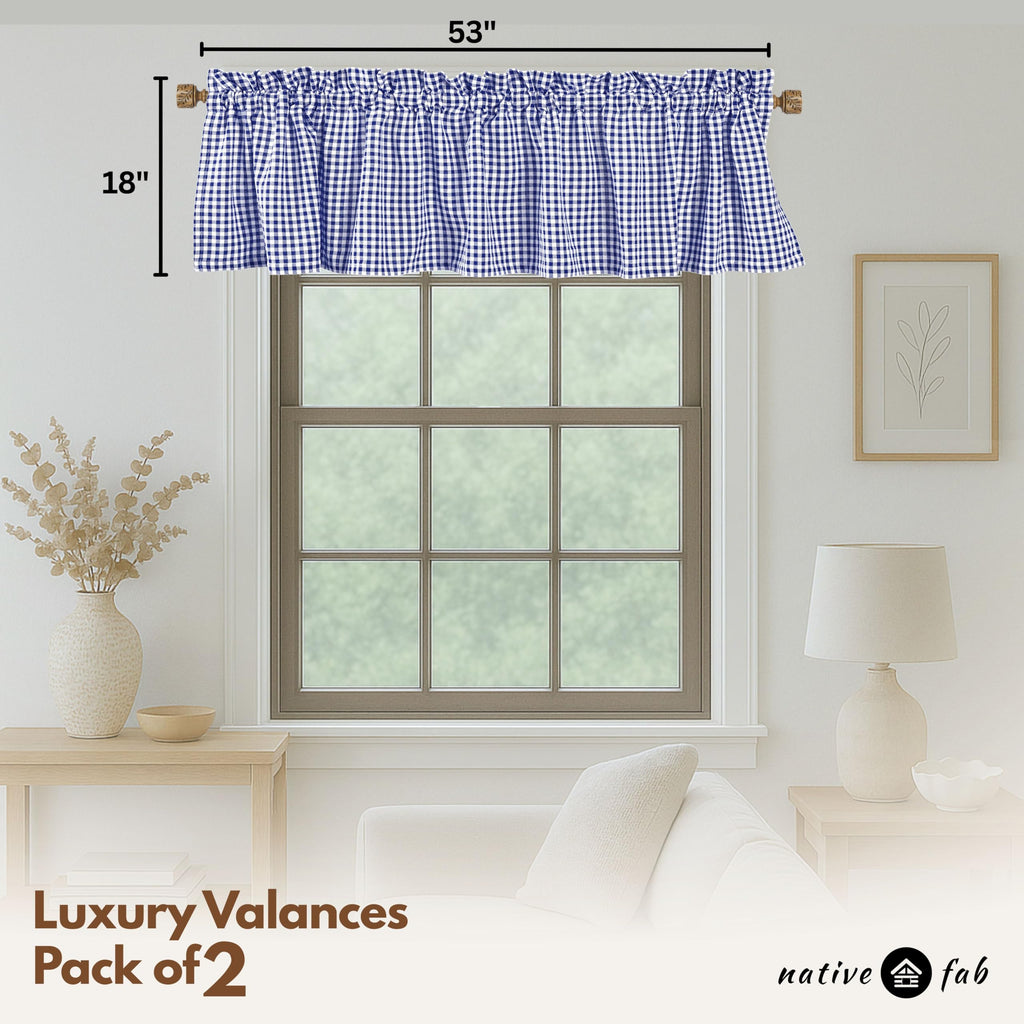 Gingham Checkered 2 Pack Window Curtain Valance Set - Rod Pocket - Semi Sheer - Farmhouse Small Curtain - 54"x18"