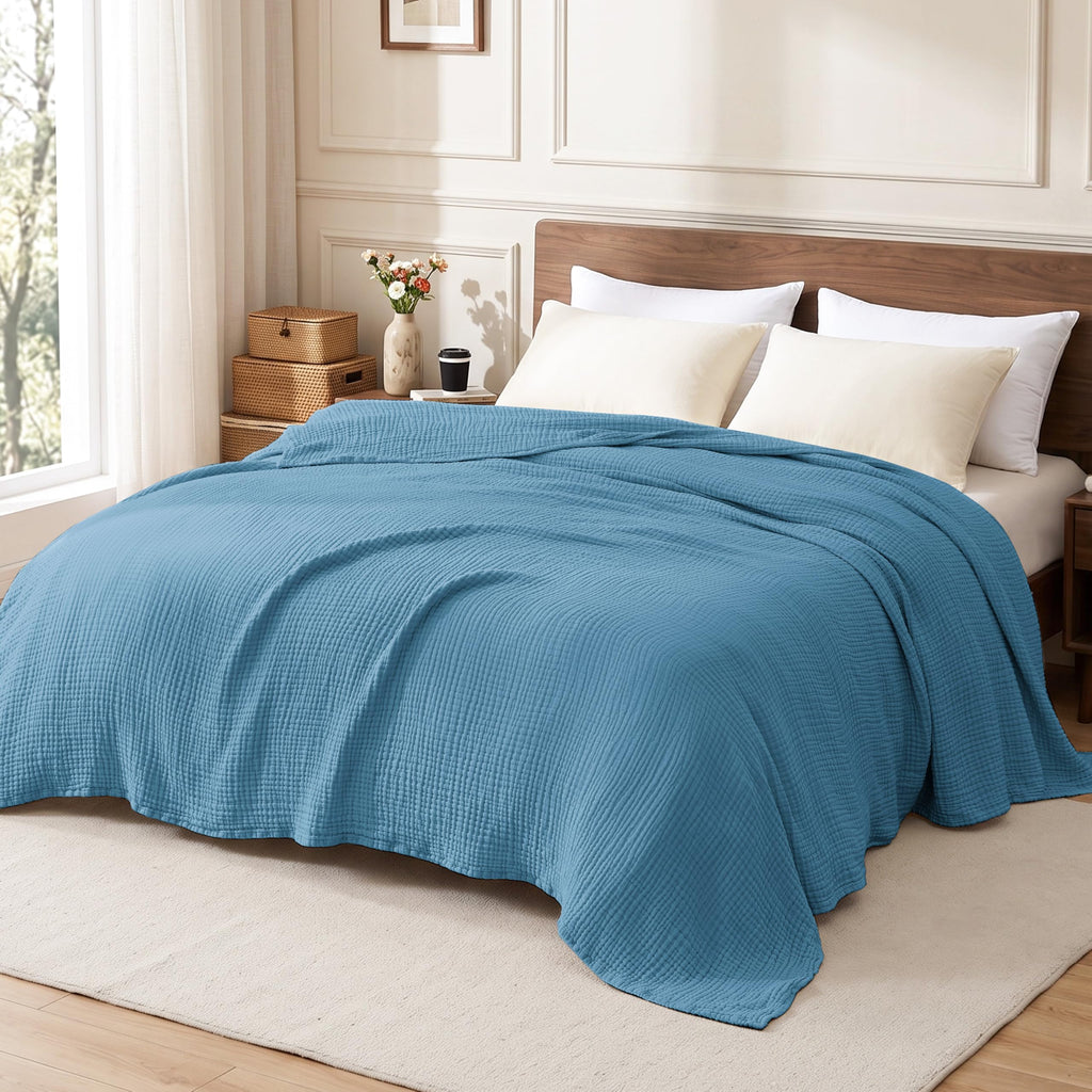 100% Cotton Muslin Blanket Large Throw for Couch, Misty Blue