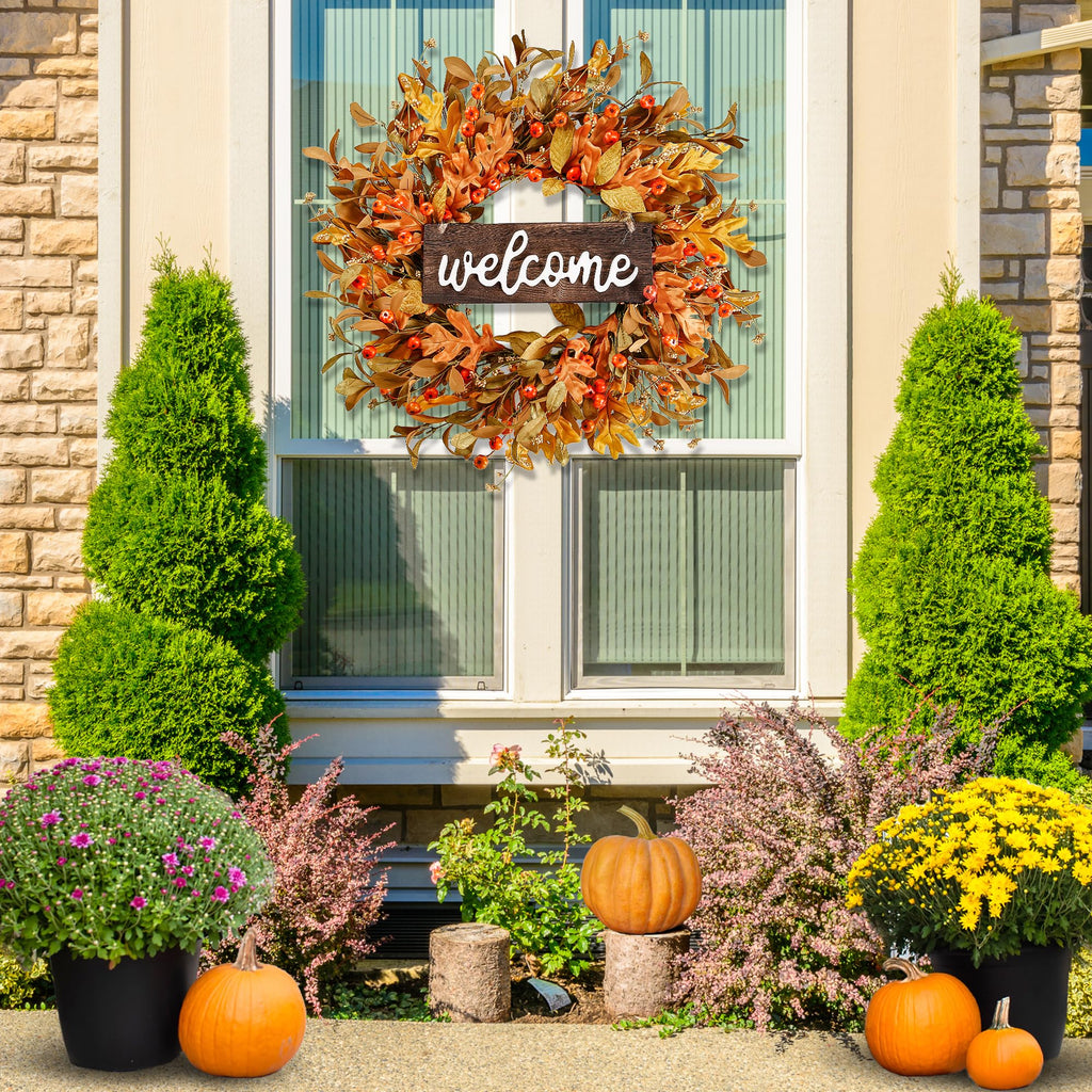 Artificial Fall Wreath - 18'' Autumn Front Door Wreath with Fall Leaves, Small Pumpkins, Cluster of Berries for