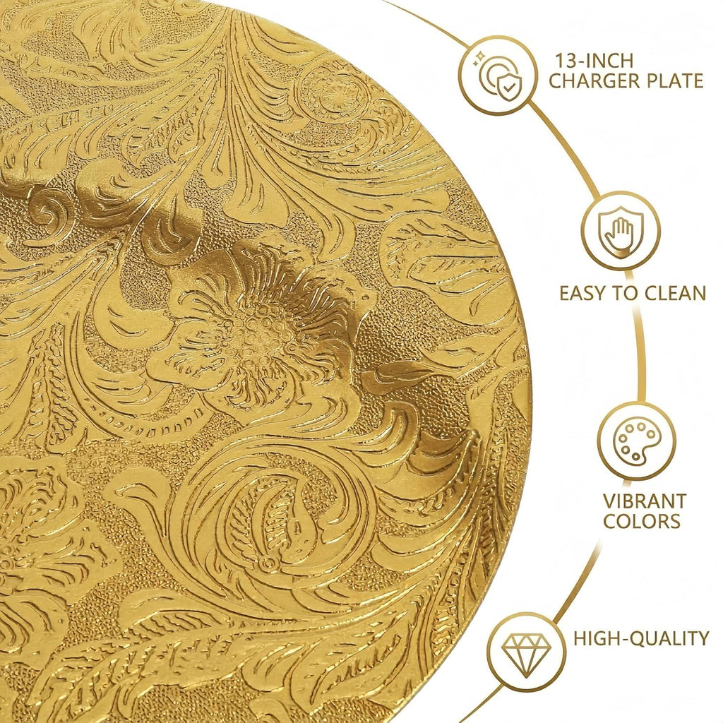 Gold Charger Plates, 13" Plastic Round Antique Plate Chargers for Dinner Plates, Floral Charger Plates - Set of 12