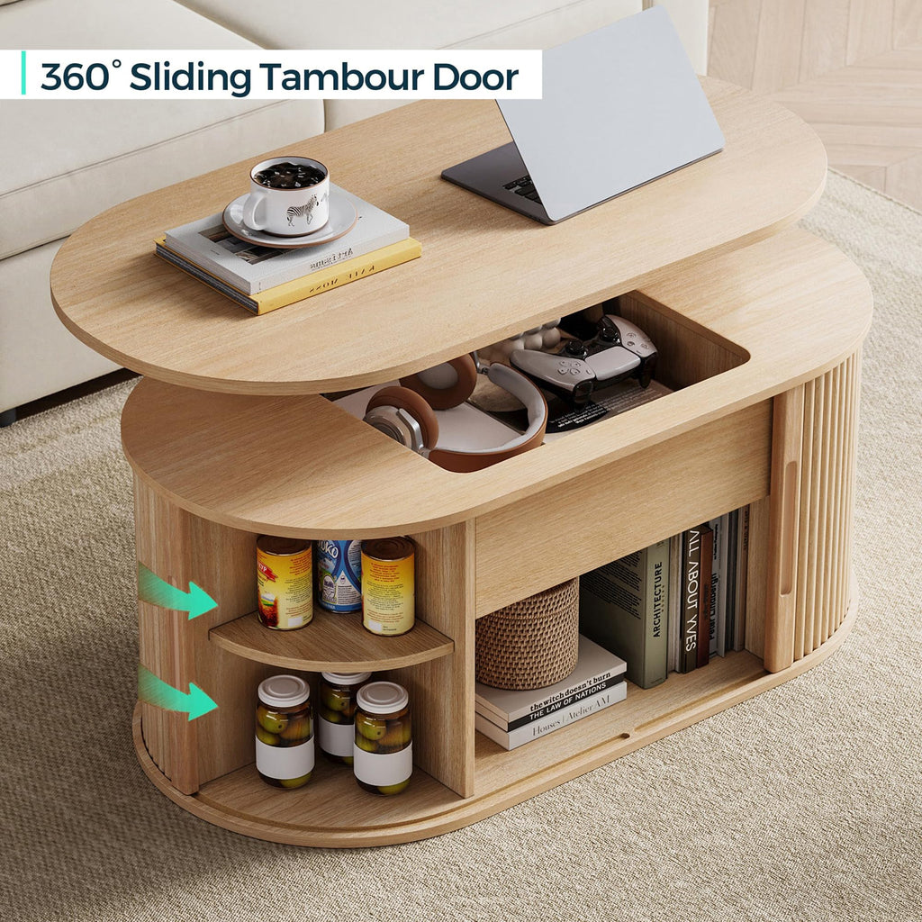 Lift Top Coffee Table, Oval Fluted Coffee Table with Storage, Boho Wooden Coffee Tables with Sliding Tambour Door