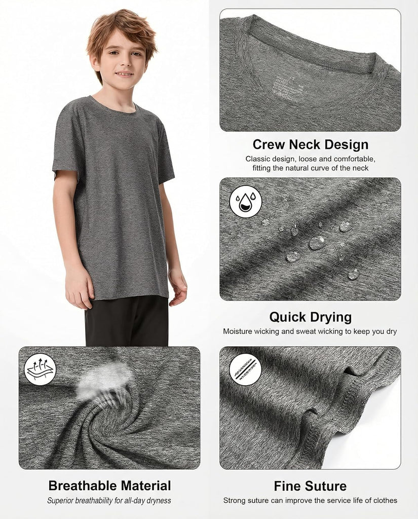 5/6 Pack Youth Boys Athletic Shirts Short Sleeve Quick Dry Active Tops