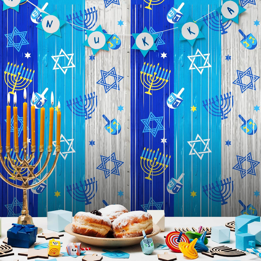 Hanukkah Decorations Backdrop Metallic Tinsel Foil Fringe Curtains, 2 Pack - Set of 2