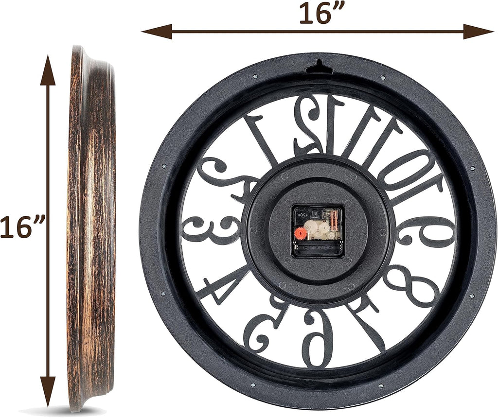 Bernhard Products Large Wall Clock 16 Inch Non Ticking Battery Operated Brown Rustic Farmhouse Vintage Design Stylish