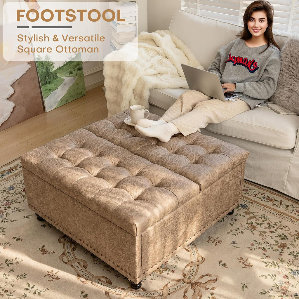 35 Inch Large Square Storage Ottoman, Coffee Table Ottoman, Faux | Lift Top Ottomans Bench Square Footrest Oversized