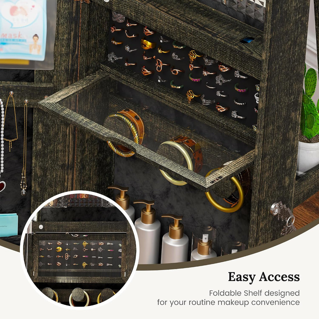 LED Mirror Jewelry Cabinet Standing, 360°Swivel Jewelry Armoire with Full Length Mirror, Mirror with Jewelry Storage