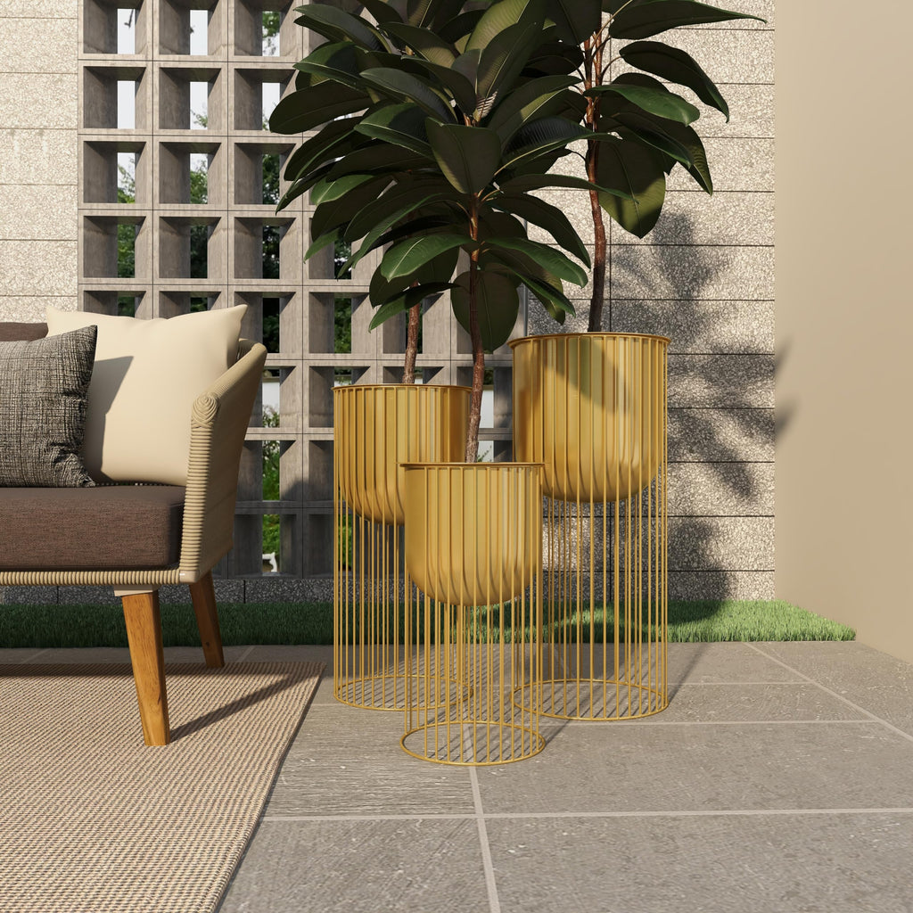 Metal Indoor Outdoor Planter Set of 3, 24", 20", 16"H, Satin Gold
