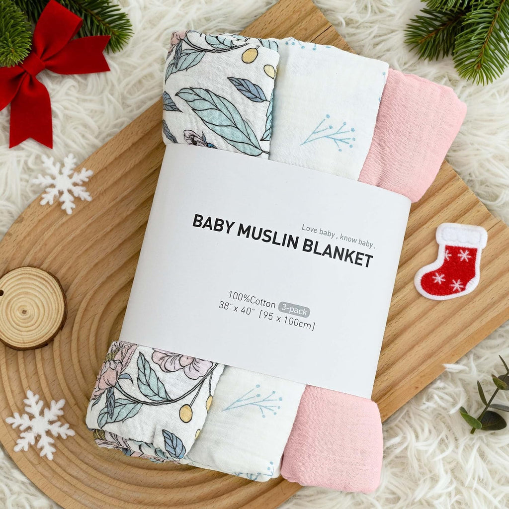 Muslin Swaddle Blankets, 3 Pack Breathable Soft Receiving Blanket, Large 38 x 40 inches Swaddle Wrap