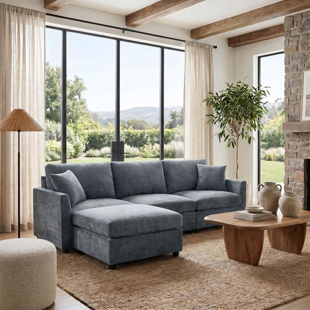 Sectional Couch , Comfy L Shaped Convertible Sofa, 4 Seater Modern Chenille Sofa with Ottoman, Grey