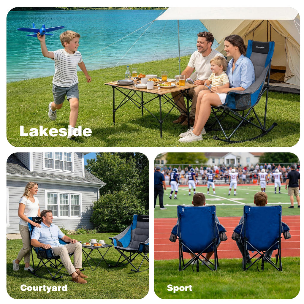 Rocking Camping Chair Fully Padded Patio Folding Chair Portable Oversized Outdoor Rocker High Back Lawn Recliner with