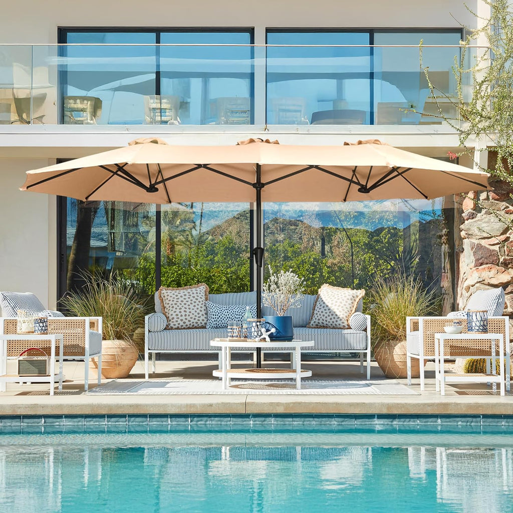 13FT Outdoor Umbrella Double sided Pool Umbrellas with Fade Resistant Canopy, Large Table Umbrella - Beige(No Base)