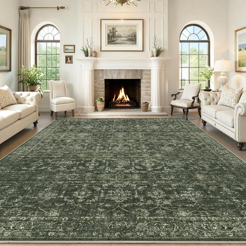 8x10 Washable Vintage Green Area Rug, Floral Low Pile Non-Slip Carpet for Living Room Bedroom