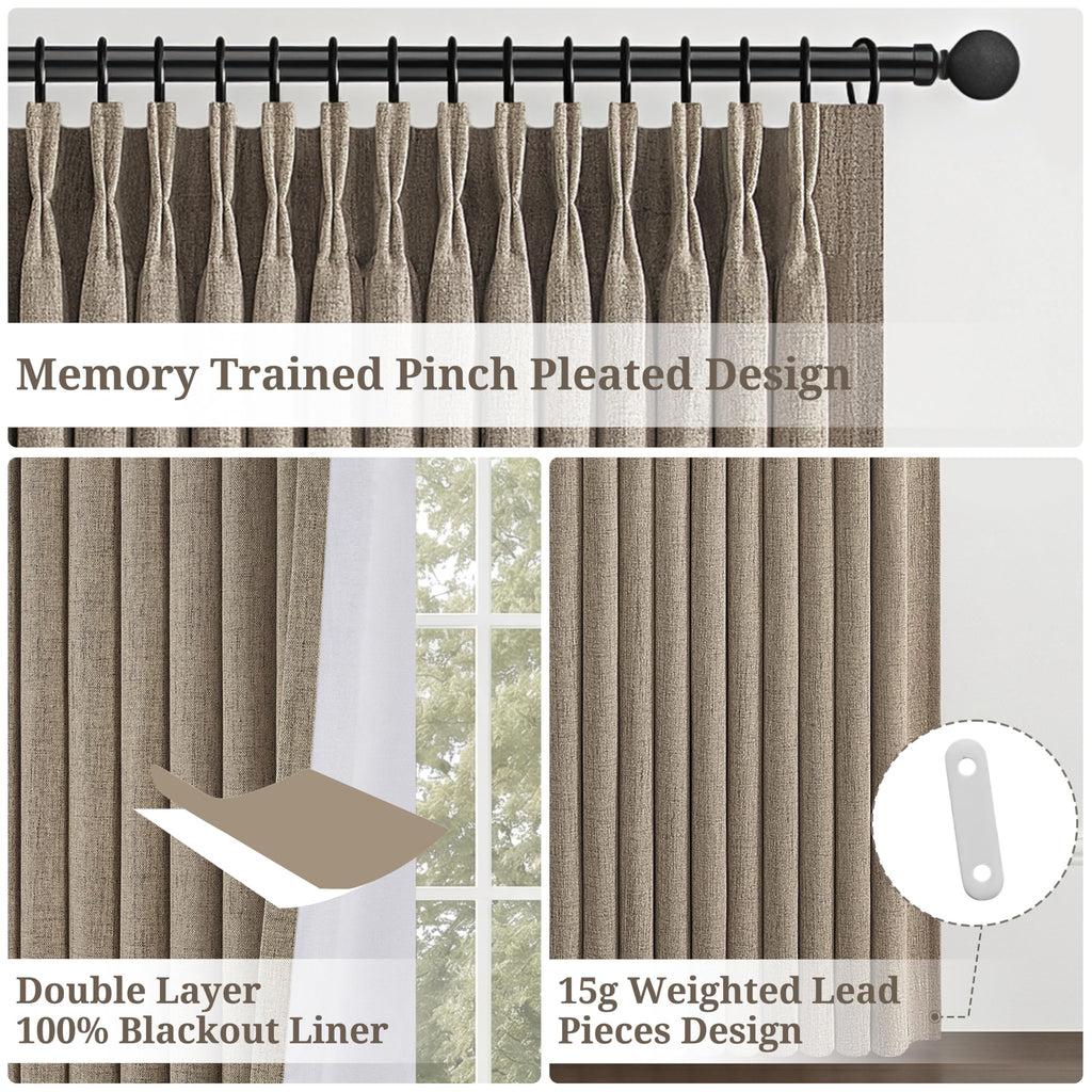 Extra Long 132 Inch Dark Flax Blackout Curtains for High End Living Room Floor Length Windows, Brown Heavy Large Pinch
