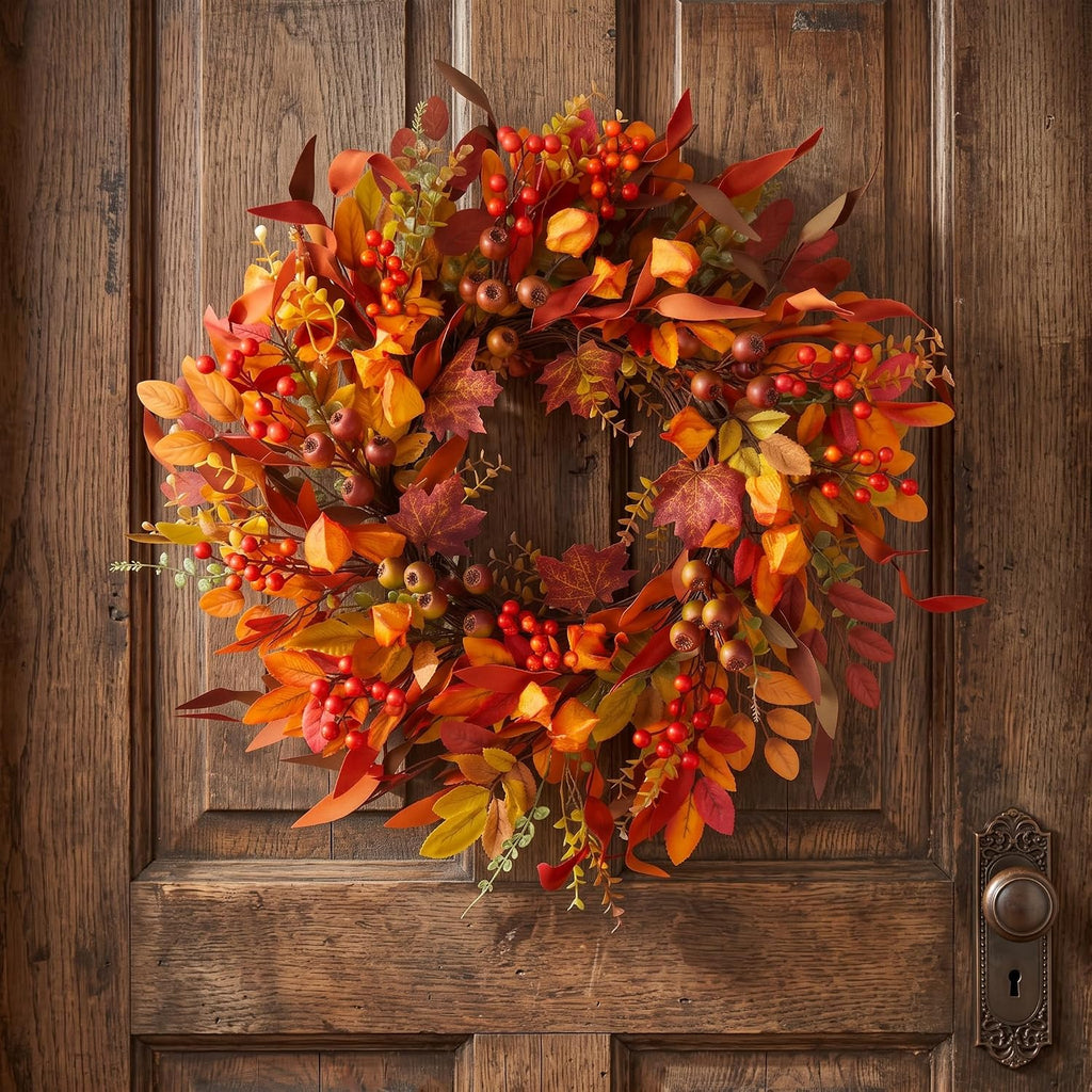 24 inch Berry Branches Fall Wreath for Front Door with Colorful Leaves