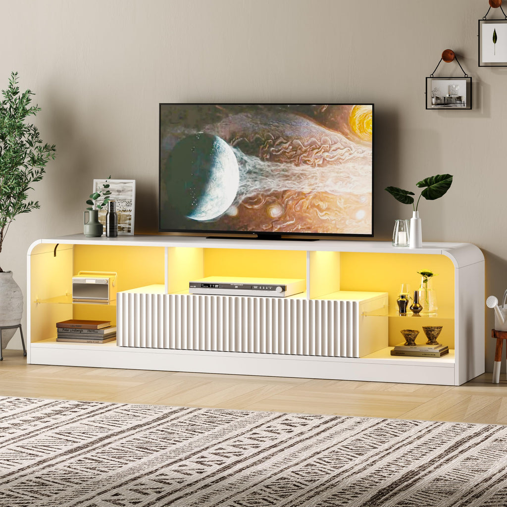 For 60/65/70 Inch TVs, Modern Curved TV Console with LED Lights, 2 Drawers & Glass Shelves, Living Room Entertainment