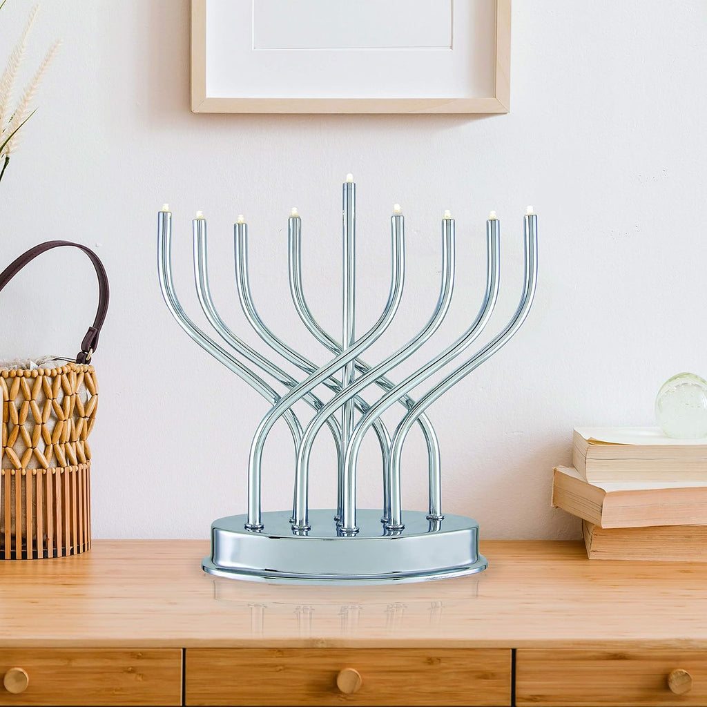 Traditional Hanukkah Electric Low Voltage Hanukkiah with LED Bulbs Contemporary Metal Electronic Chanukiah Battery