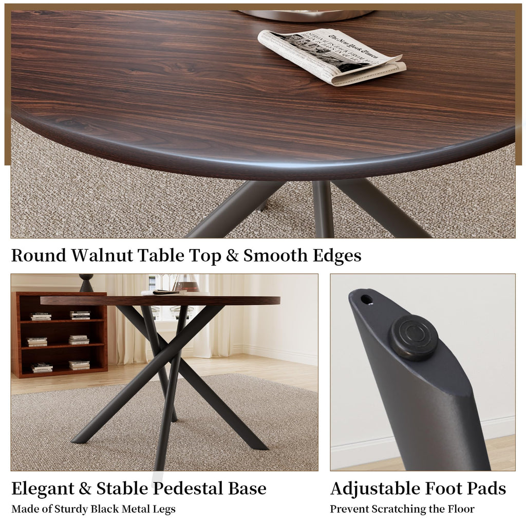 45.3'' Walnut Round Dining Table Set for 4, Mid Century Modern Small Coffee Set Kitchen Apartment (Dark Walnut Table