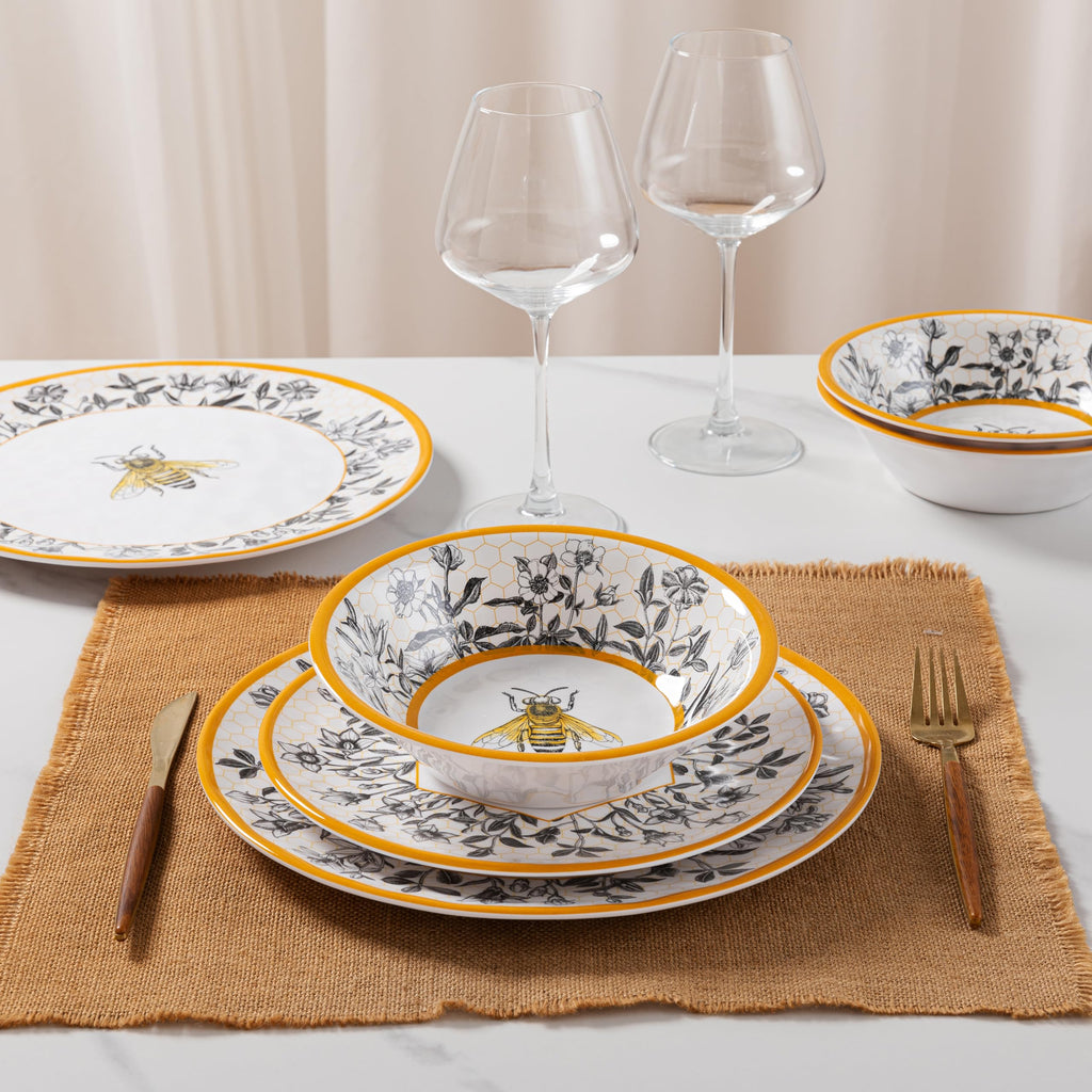 Honeycomb Bee Sweet 12-Piece Melamine Dinnerware Set, Floral Design