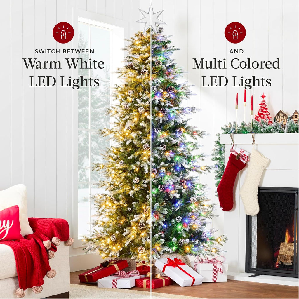 7.5ft Pre-Lit Artificial Frosted Slim Aspen Christmas Tree, Partially Flocked Holiday Décor w/ 2-in-1 White &
