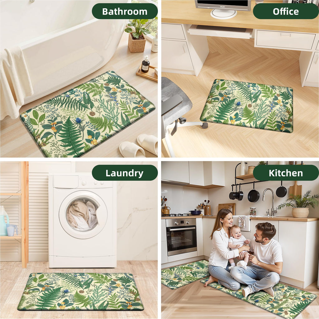 2PC Botanical Kitchen Rugs Set, Beige Green, 17.3"x28" + 17.3"x47"