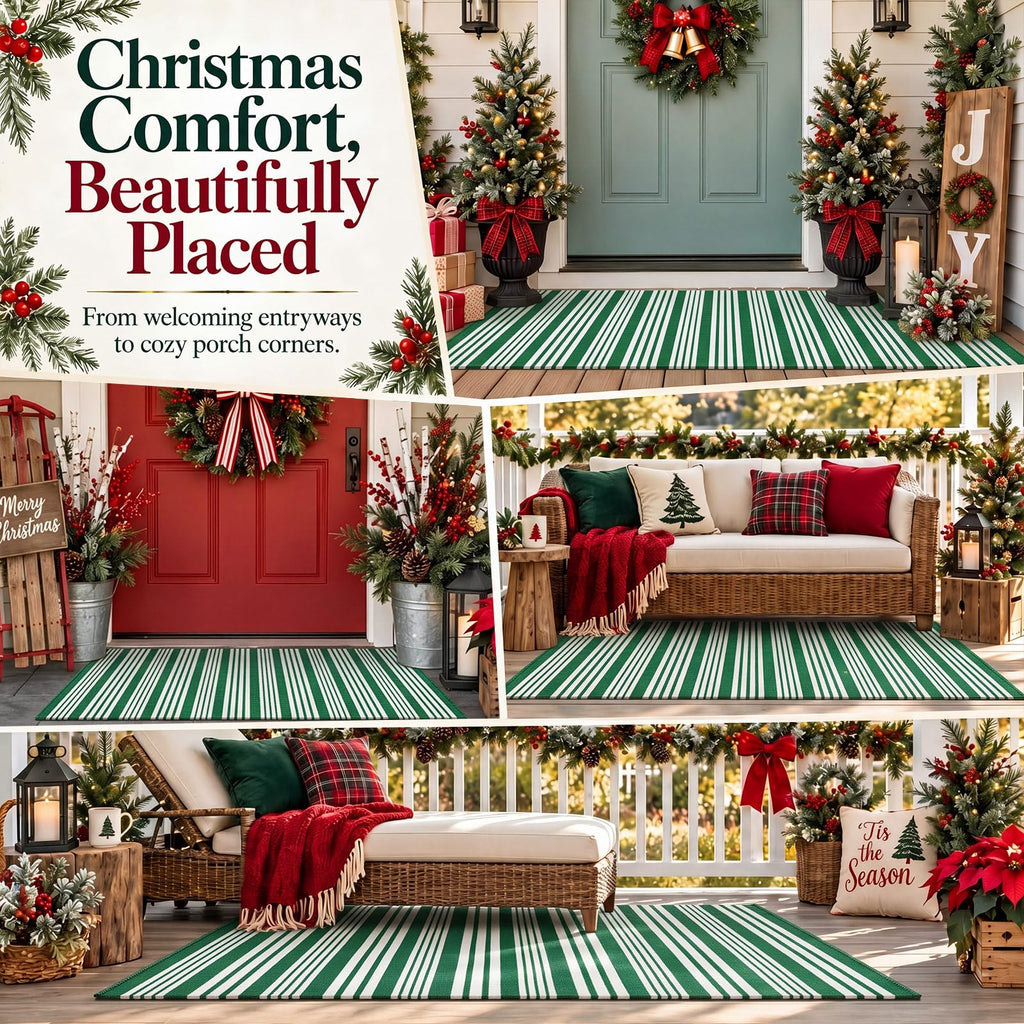 Green and White Striped Rug 2.3' x 3.6' Modern Farmhouse Area Rug Front Porch Door Mat Welcome Layered Doormat for