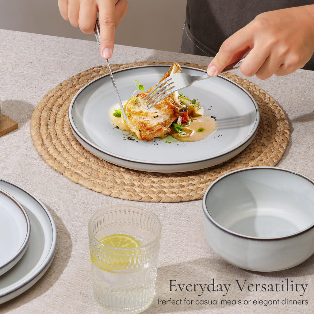 Stoneware Dinnerware Sets for 6, 18 Pieces Reactive Glaze Plates and Bowls Sets, Elegant Dishes with Rustic