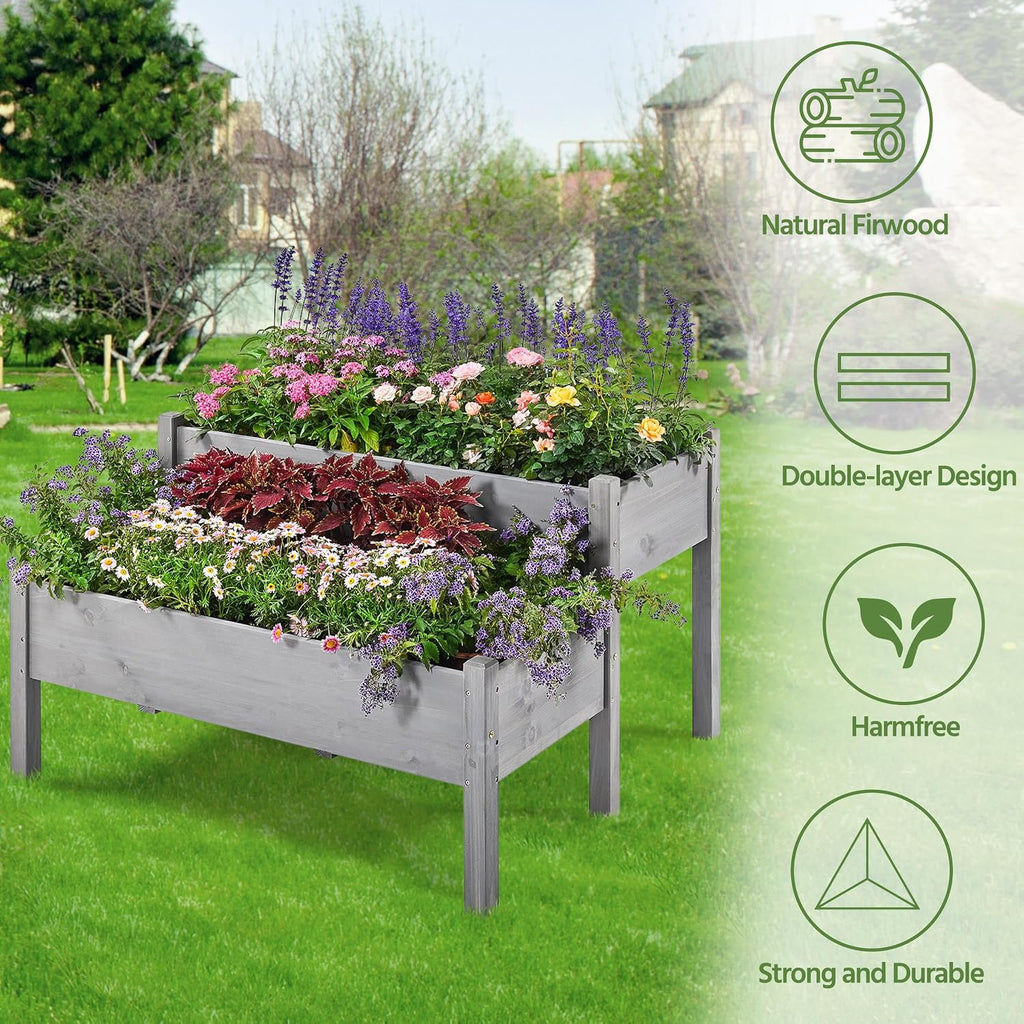 Raised Garden Bed Wood Tiered Planter Outdoor with Legs,Gray | 47 x 41 x 30 in Elevated Grow Box with 2 Levels and