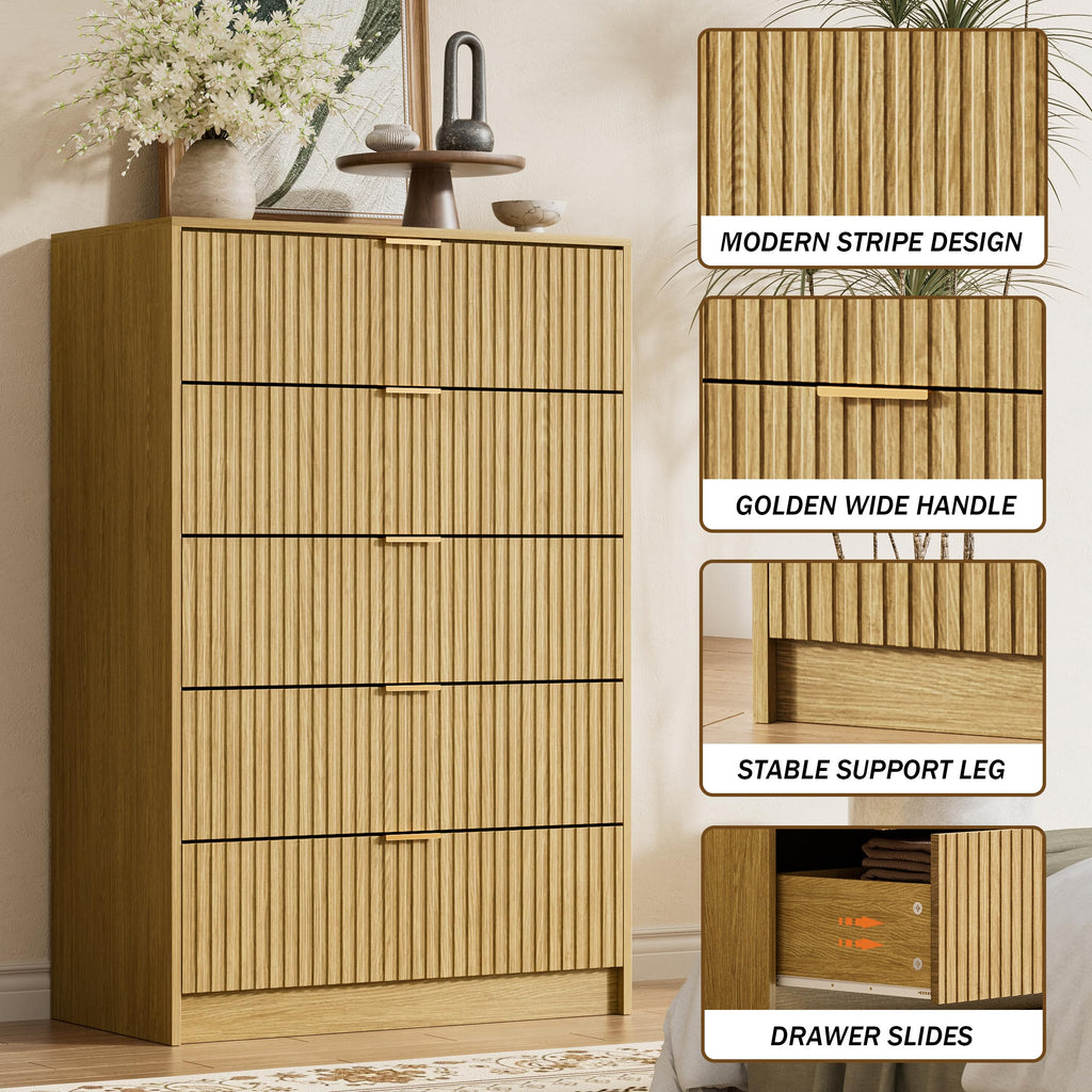 47.2" Tall Fluted Dresser with 5 Drawers, Natural Oak