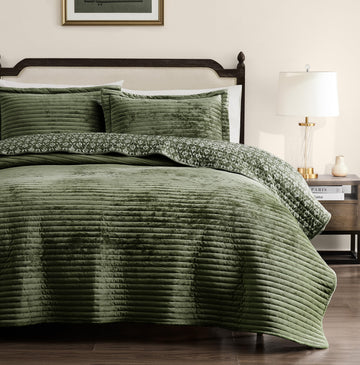 Green Velvet Quilt Set - Striped Soft Lightweight Bedspread, Neutral Channel Farmhouse Country Rustic