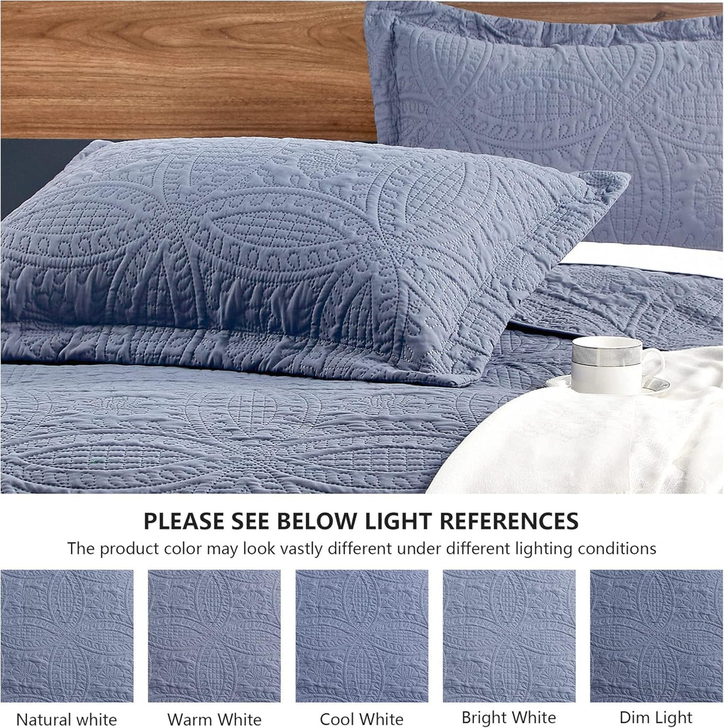 King Quilt Set Blue Bedspreads - Soft Bed Summer Lightweight Bedspread Comforter - Modern Style Coin Pattern Coverlet