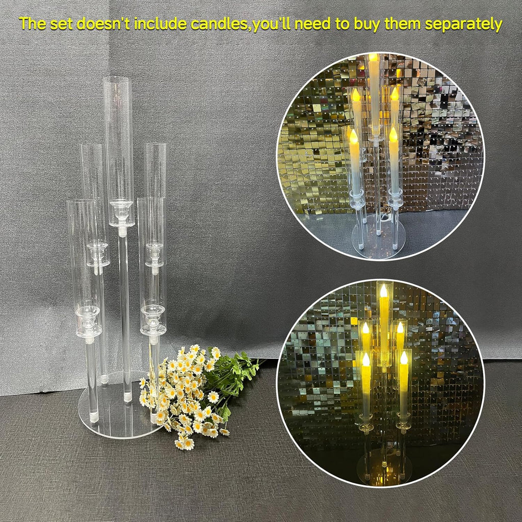 4 Set 5 Arms Acrylic Candelabra Centerpieces,Clear Candlesticks Holder with Acrylic Shade for Valentine's Day Dinner