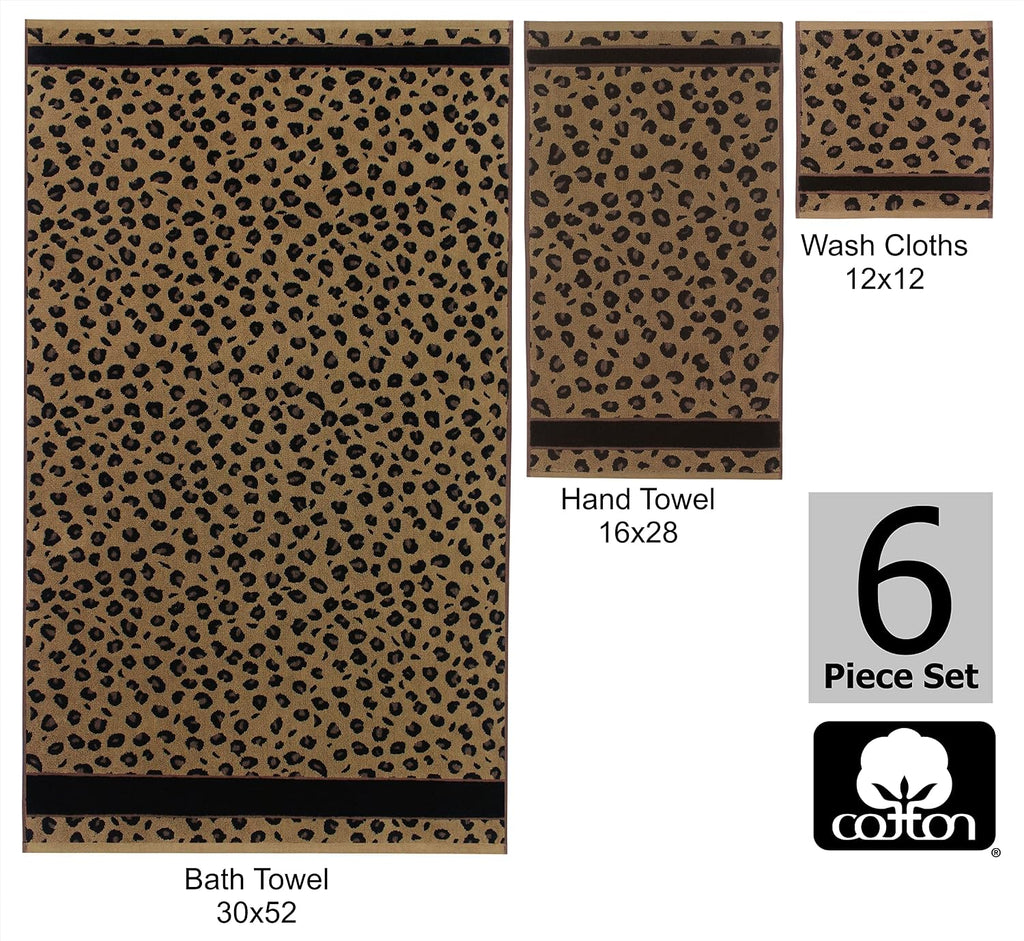 6 Piece Towel Set - 100% Cotton Animal Print Safari Towels | Soft Absorbent Leopard Cheetah Jacquard Bathroom Towels
