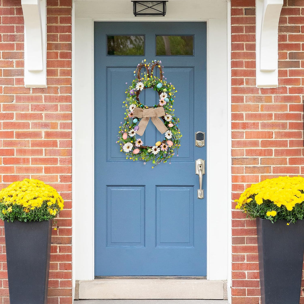 25 Inch Easter Bunny Shaped Artificial Flower Wreath with Colorful Berries Daisies Greenery Bow Knot for Front Door