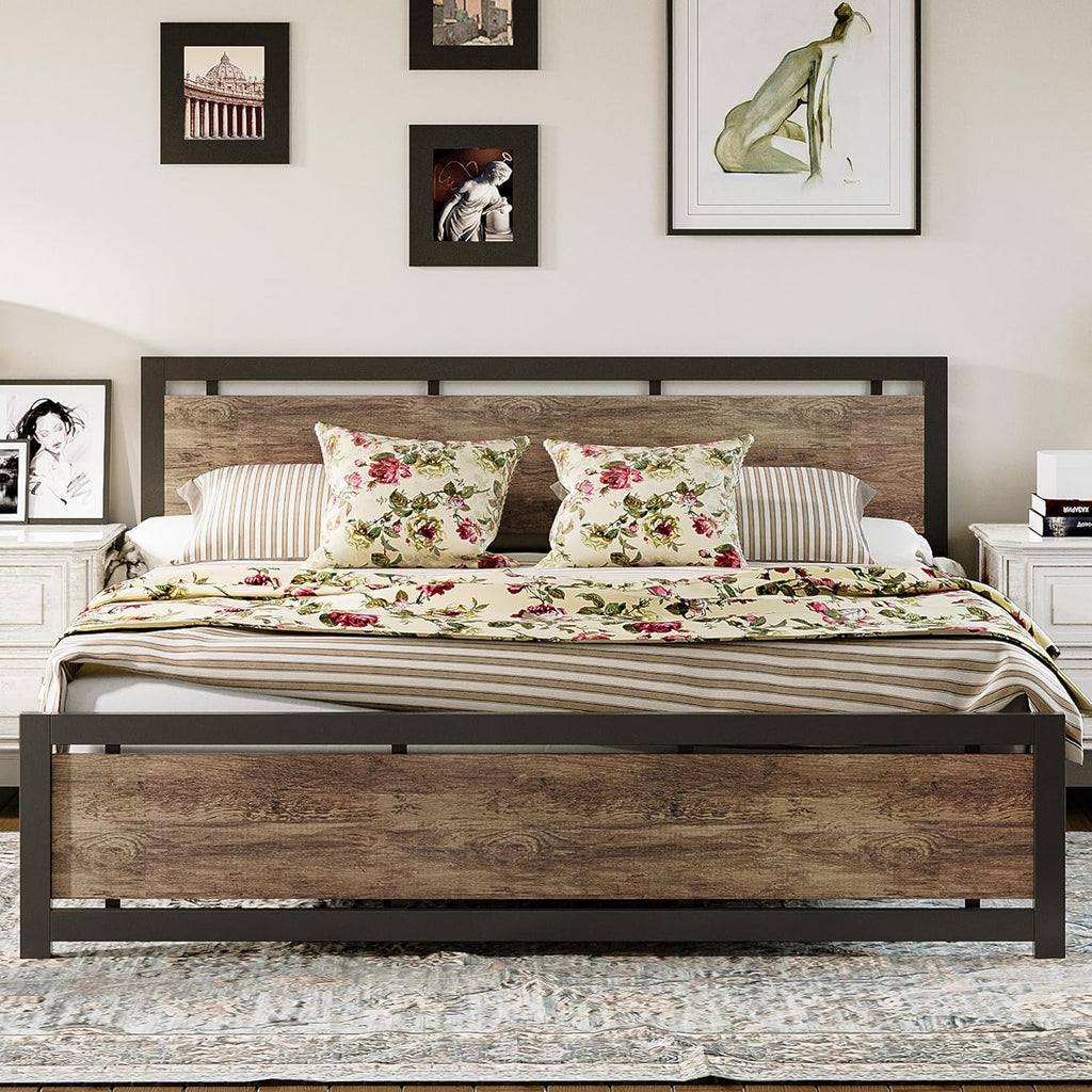 King Bed Frame with Headboard and Footboard, Metal Strong Supports, Easy Assembly, Noise-Free, No Box Spring Needed