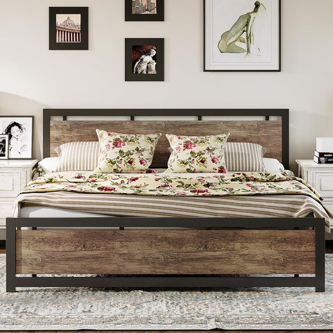 King Bed Frame with Headboard and Footboard, Metal Strong Supports, Easy Assembly, Noise-Free, No Box Spring Needed