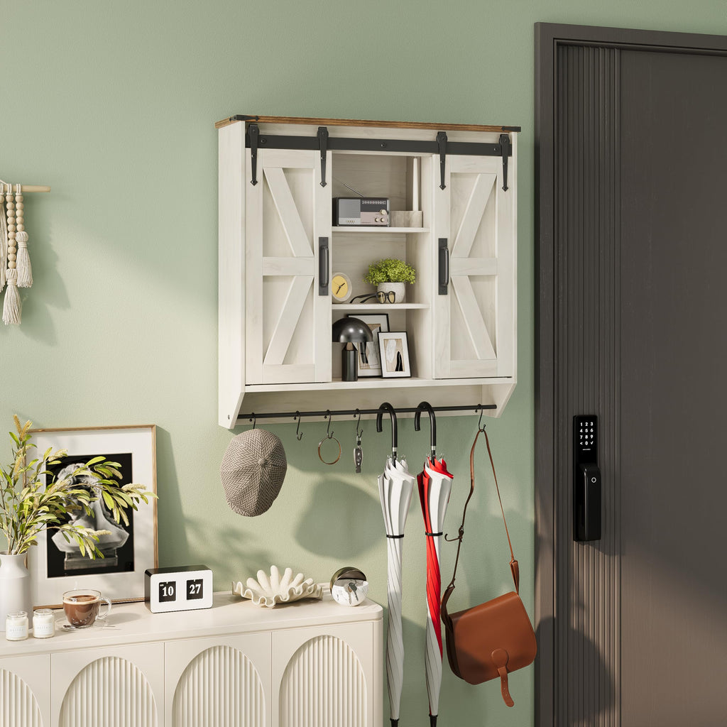 Farmhouse Medicine Cabinet 2 Sliding Barn Doors 3 Tier Rustic Wood Wall Storage Cabinet Adjustable Shelf Towel Bar