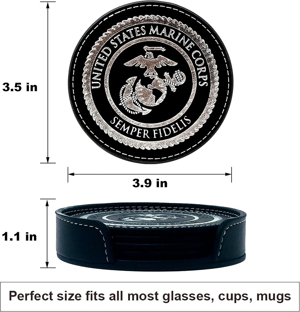 USMC Leather Coaster Set - 4 Premium Coasters with Hot Stamped Foil US Marines EGA Logo - Marine Corps Gift | USMC - Set of 4