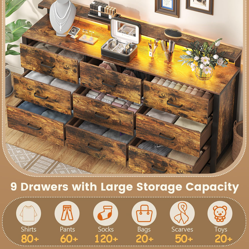 63'' Rustic Brown, 9 Drawer with Power Outlet and Led Lights, Bedroom Furniture with Wooden Drawer and Metal Frame