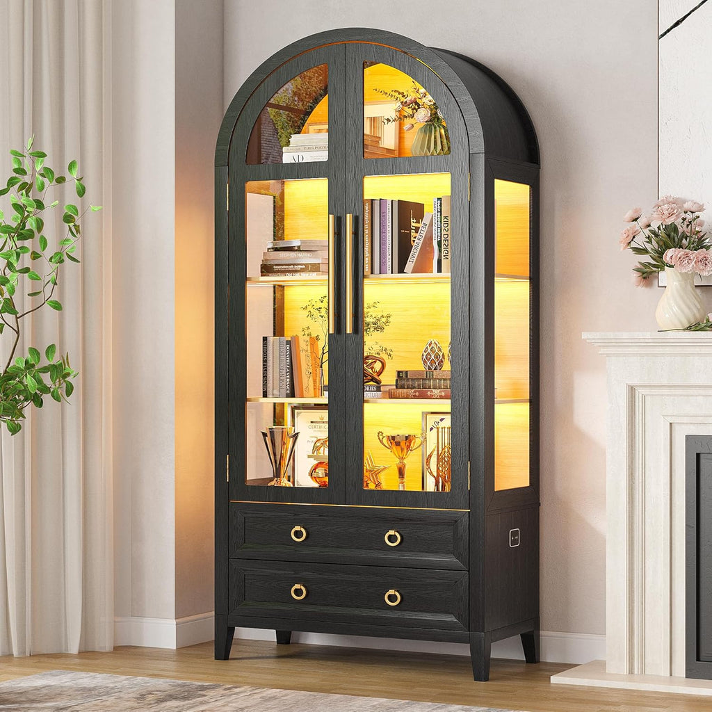 Arched Curio Cabinet with Glass Doors, 4-Tier Display Cabinet with 2 Drawers, Tall Bookcase with 3 Color Lights