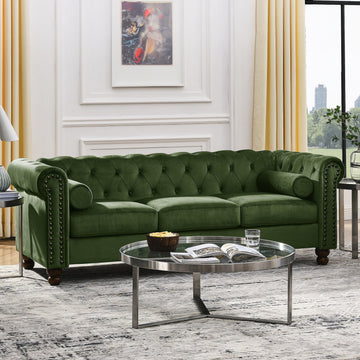 80.3" Green Velvet Chesterfield Sofa with Nailhead Trim, 3-Seater Couch