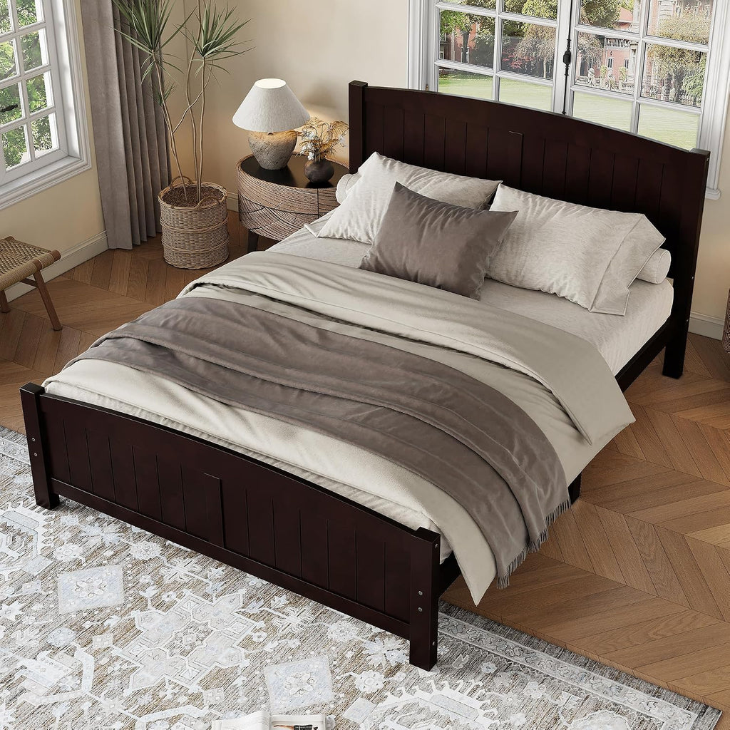 Queen Farmhouse Bed Frame with Headboard & Footboard, Mid Century Modern Bed Frame with Underbed Storage, Antique