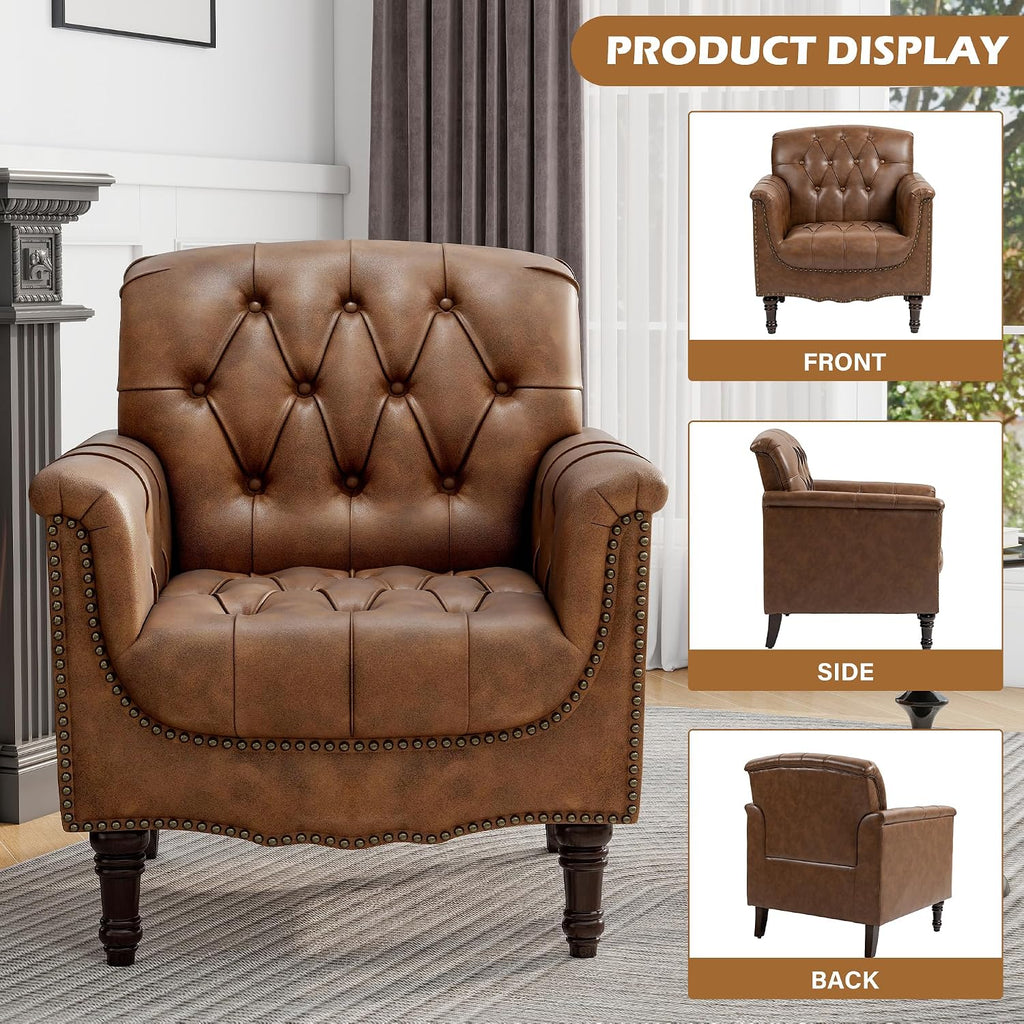 Faux Leather Accent Chair, Button Tufted Upholstered Armchair, Brown
