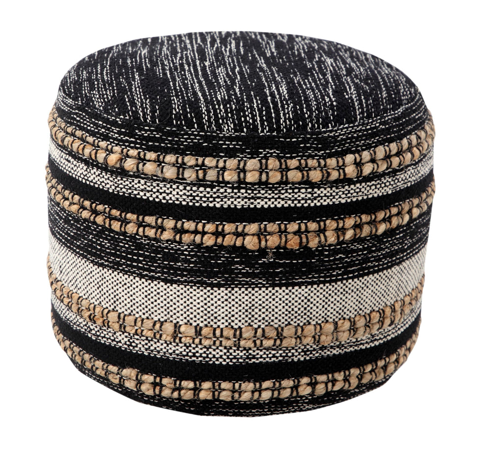 LR Home Black/Cream Striped Cotton Blend Ottoman Pouf Decor | Hand-Made Modern Foot Rest Decor | 18 x 18 x 14 Stuffed